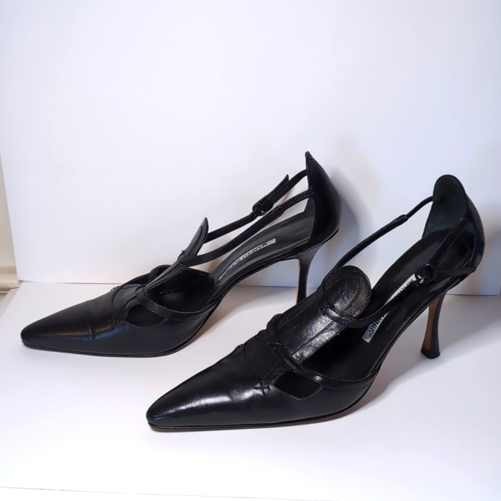 MANOLO BLAHNIK Vintage heels black leather pointed toe pumps 9.5 - Picture 9 of 10